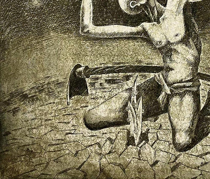 Detailed black-and-white etching of kneeling figure with axe by Oleksandr Zhmailo