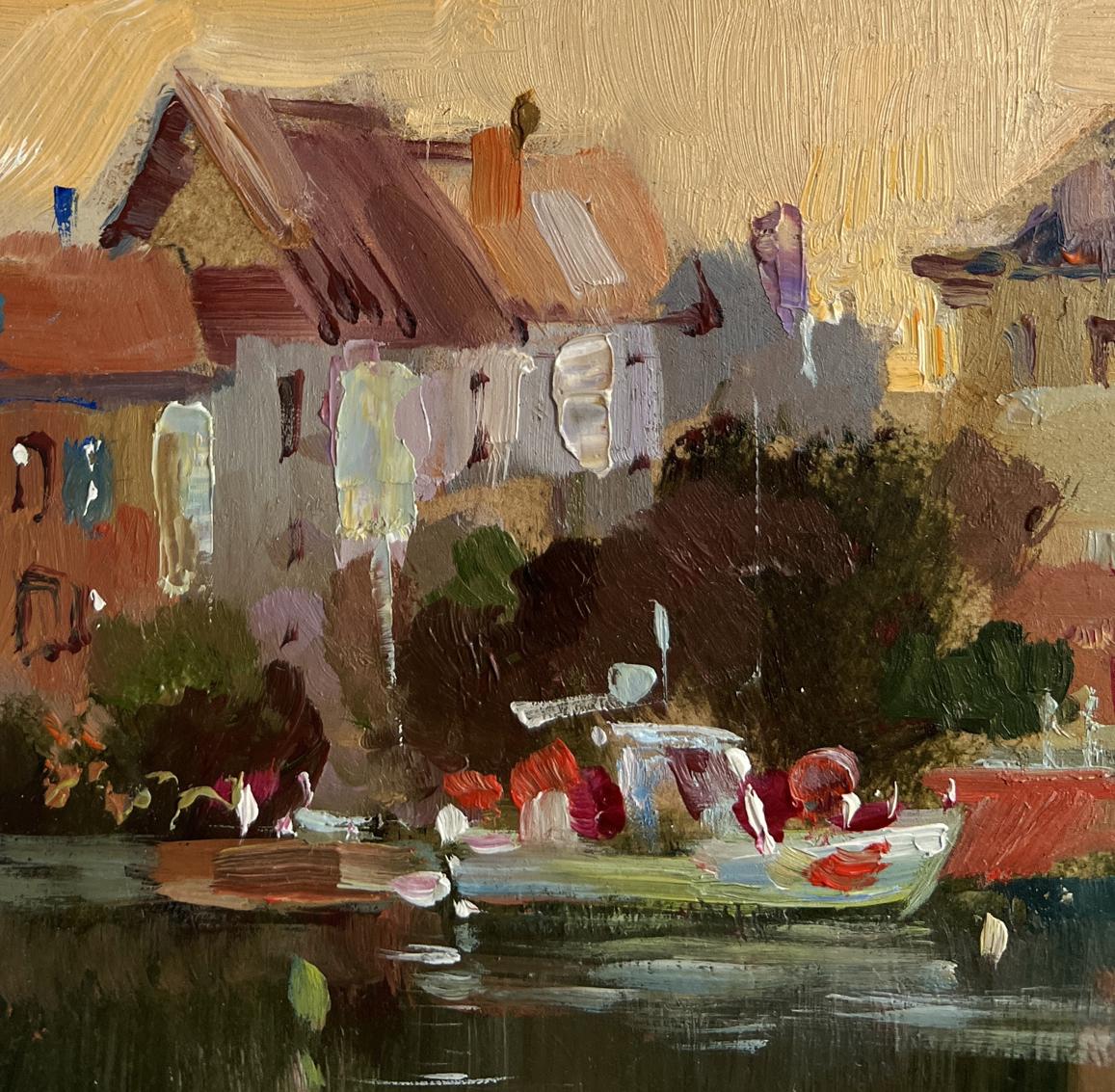 Oil painting of sunset glow over rustic rooftops by Yuriy Suprunchuk