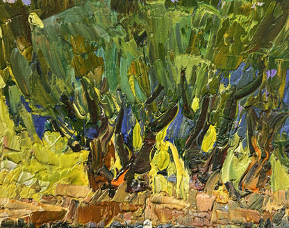 Vibrant impasto oil painting of dense forest by Oleksiy Ivanyuk