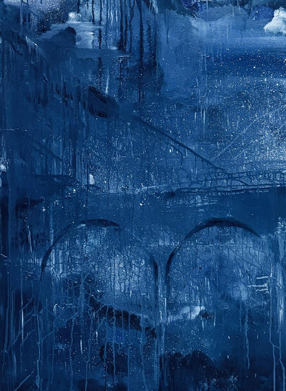 Oil painting of blue textured glass with raindrops, bridge reflections by Victoria Kagalovska