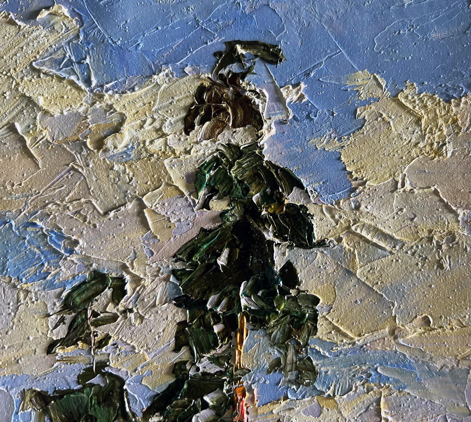 Oil painting Sand cliff by the river by Boris Serdyuk, textured green plant on blue beige background