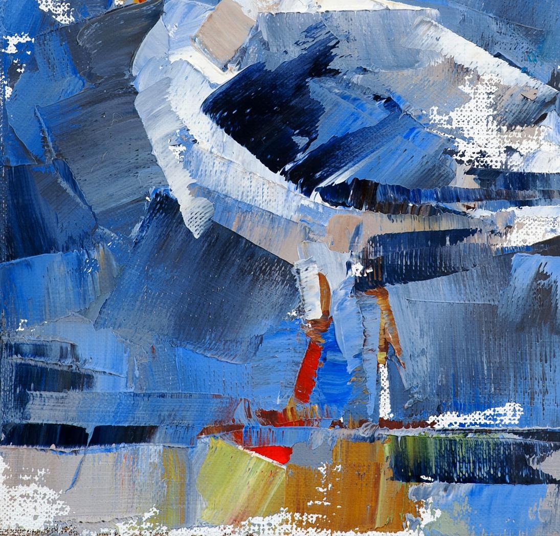 Oil painting Bird on a walk by Volodymyr Gluhomanyuk with bold blue strokes