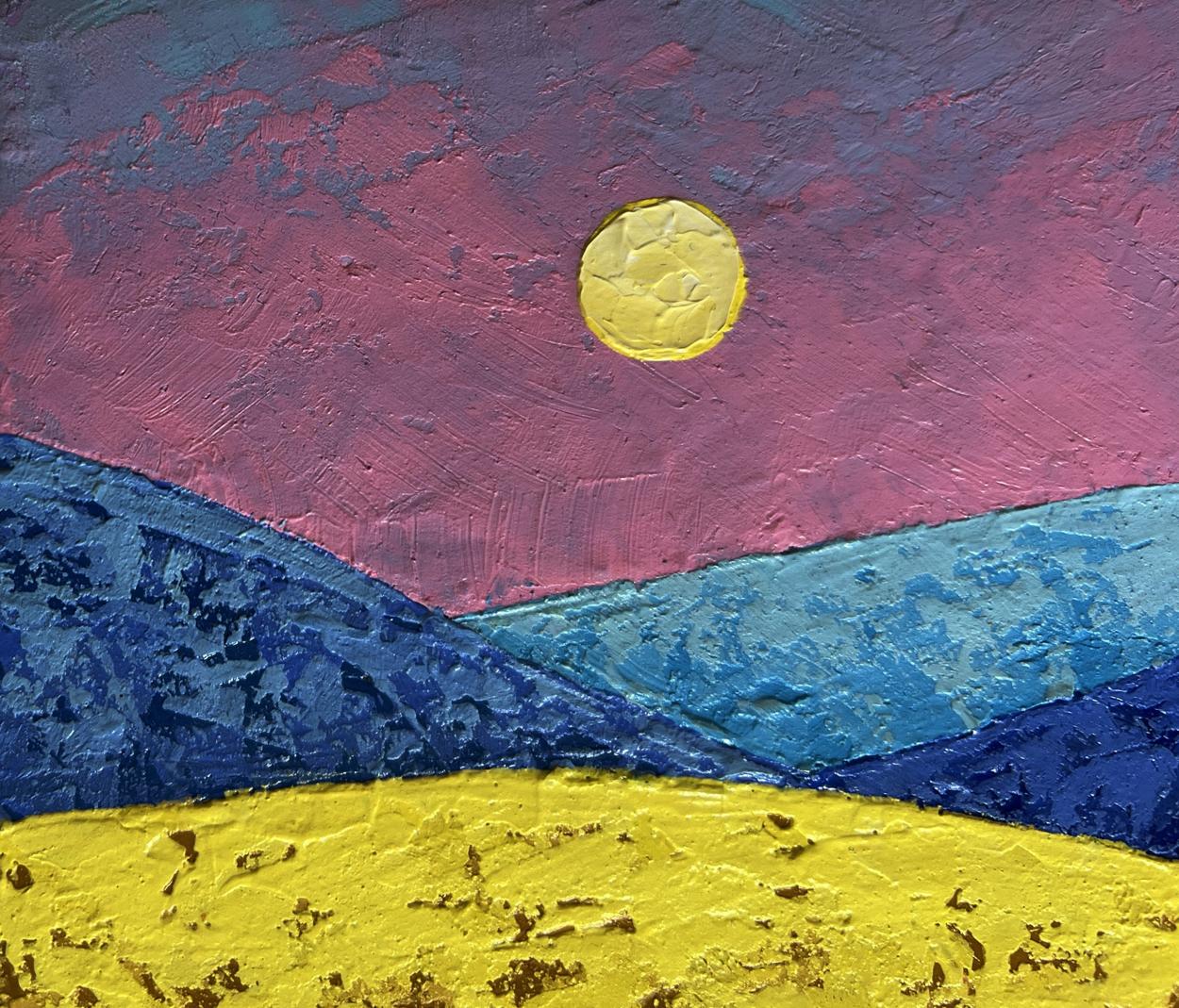 Oil painting by V. Zadorozhnya: pink sunset beyond vibrant yellow sun plains