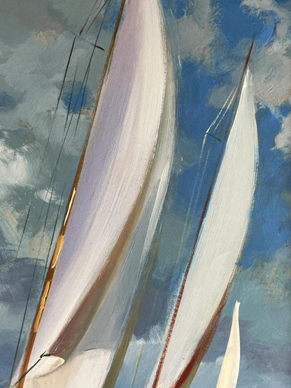 Oil painting Sailboats at sea by Yuriy Suprunchuk vibrant blue sky