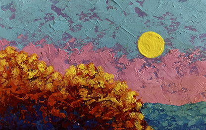 Oil painting Pink gentle sunset V. Zadorozhnya with yellow sun teal pink sky golden foliage