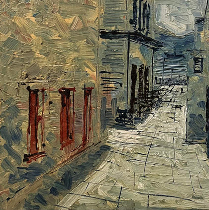 Oil painting Visibility by Serhiy Kovalev: textured alley with red doors