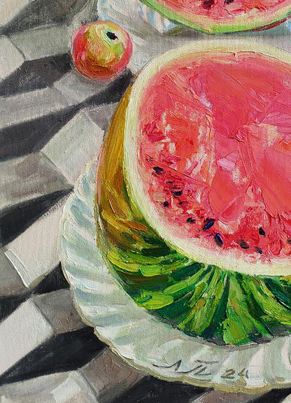 Oil painting of sliced watermelon with apple by Leonid Pavlenko