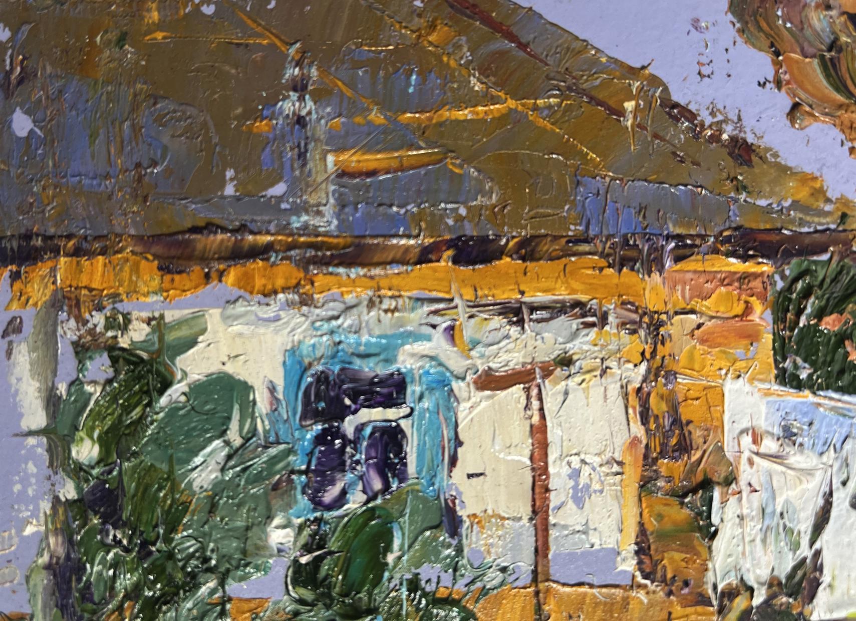 Oil painting by Oleksiy Ivanyuk: clothes drying in yard, textured impasto house