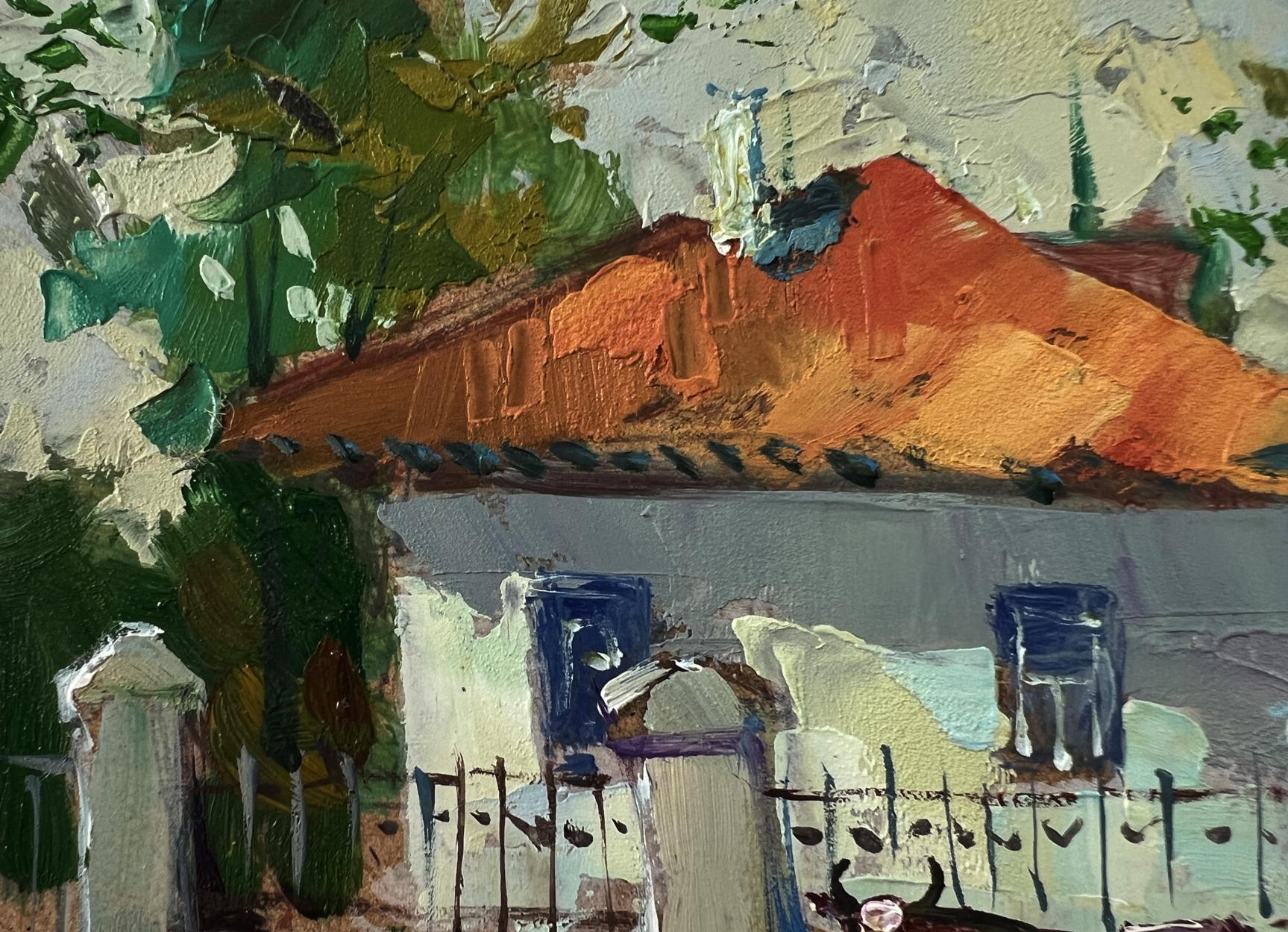 Oil painting by Yuriy Suprunchuk: cow near house with orange roof, blue frames