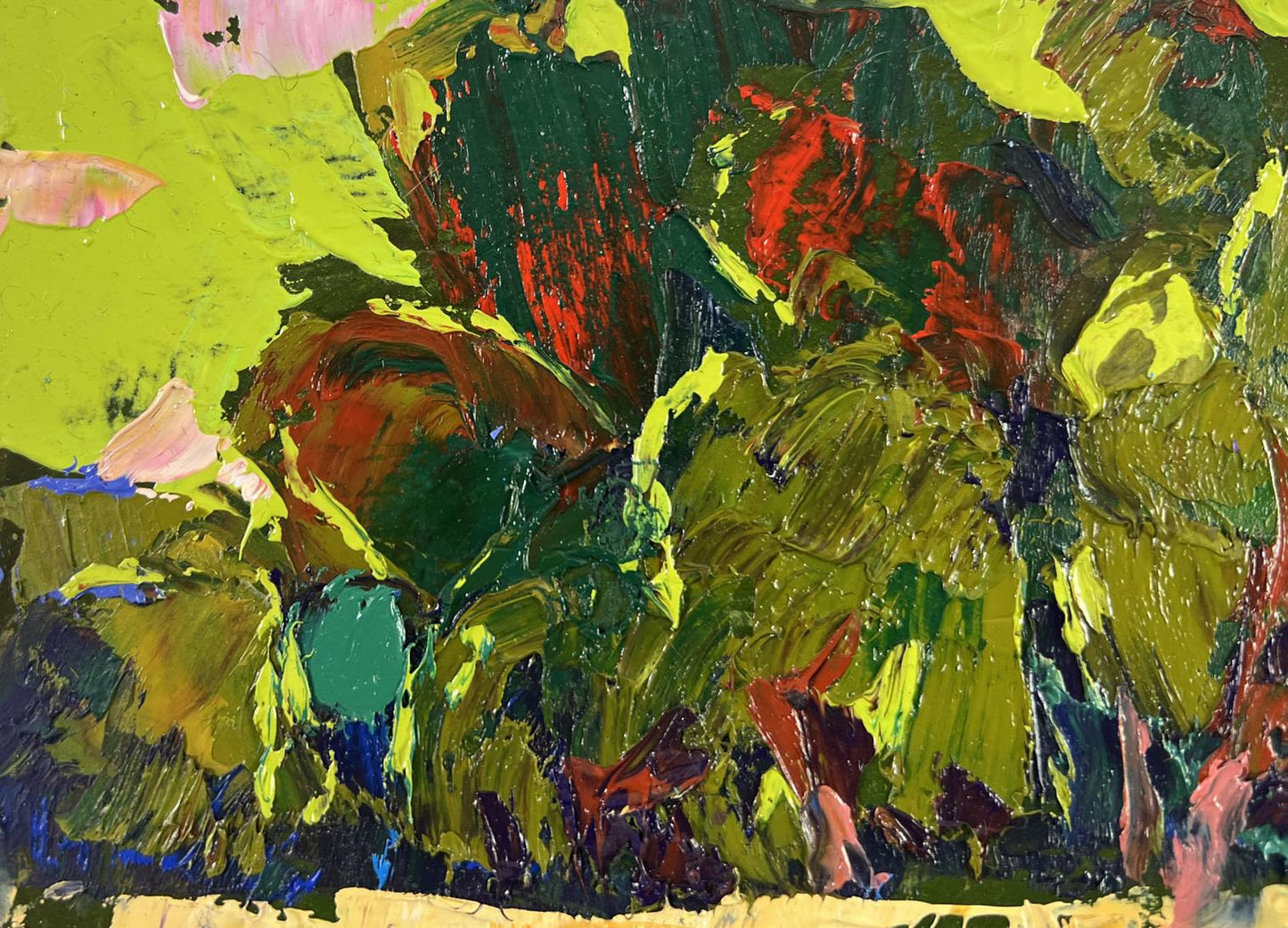Vibrant Calm on the Water oil painting by Oleksiy Ivanyuk with bold green, red, yellow strokes
