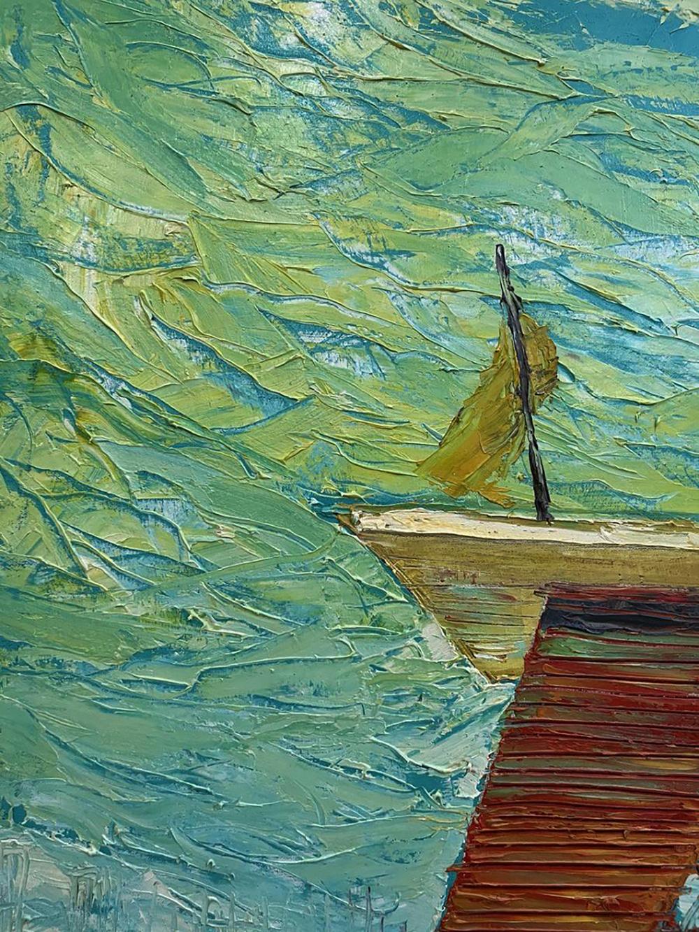 Oil painting Praia de Golfo by Serhiy Kovalev: sailboat on dock with swirling waves