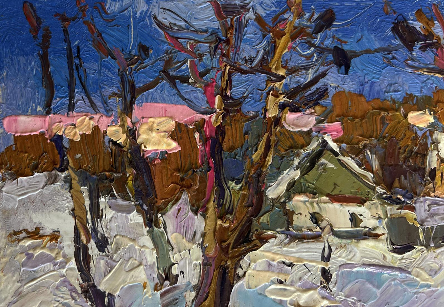 Vibrant oil painting by Oksana Ivanyuk: crows in trees, blossoms, snowy landscape