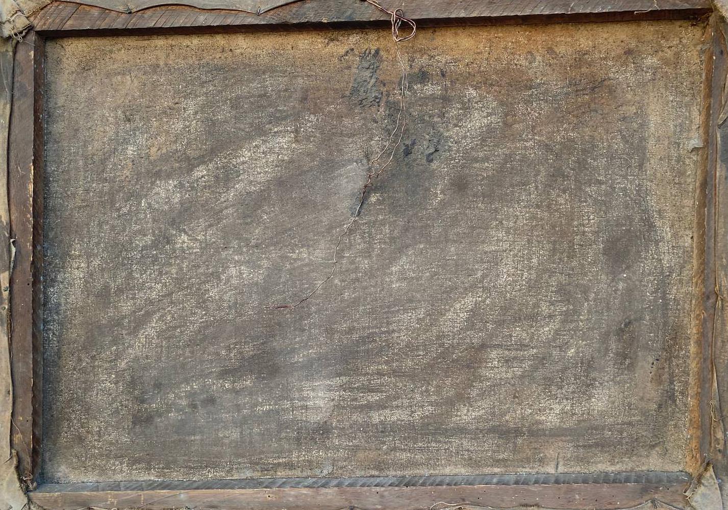 Weathered back of Oil painting Ladies go to church canvas
