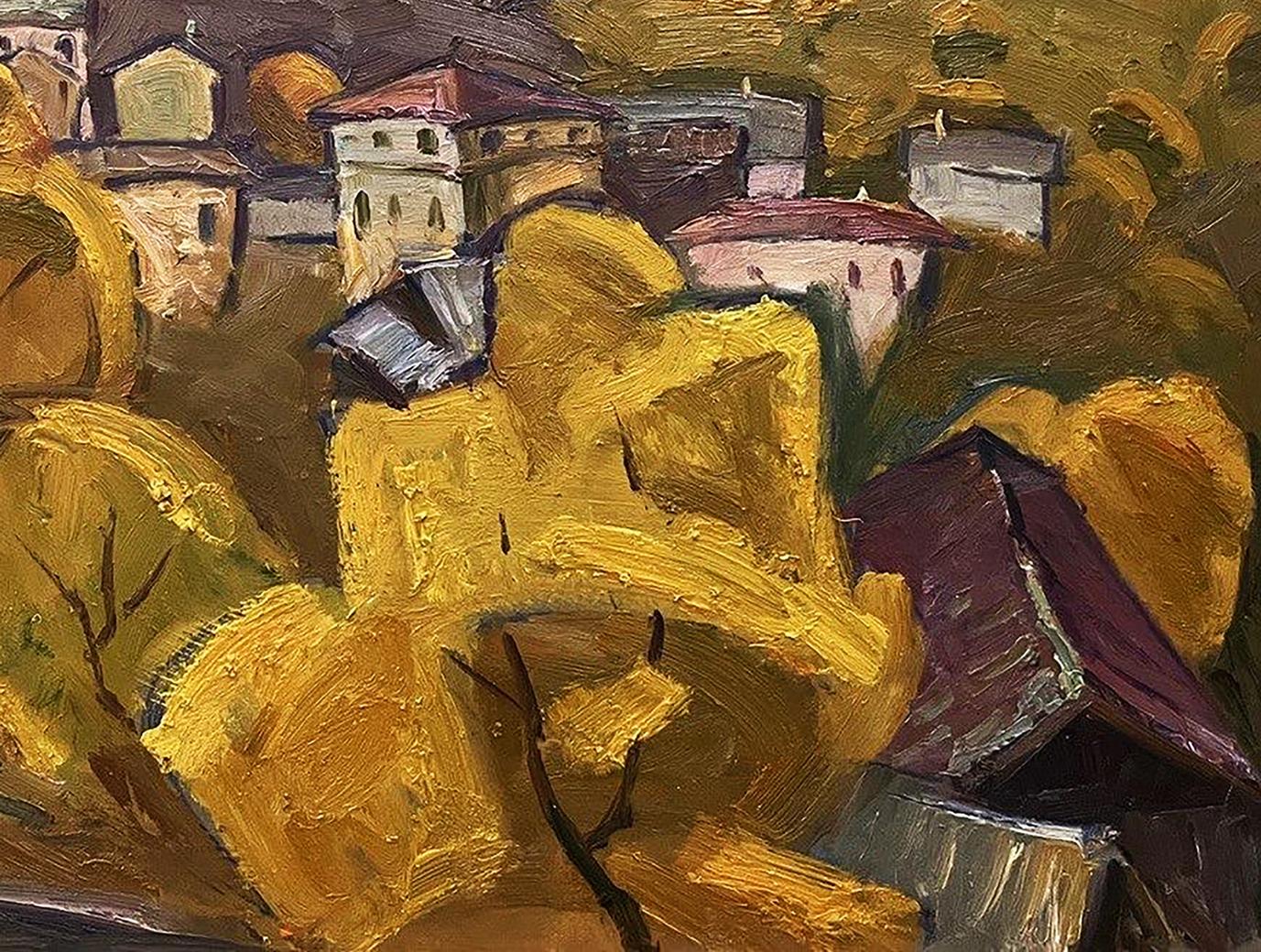 Oil painting Autumn trees Oleksandr Andreev vibrant village in golden hills