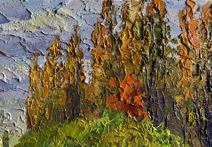 Oil painting of autumn city park by Boris Serdyuk in vibrant impasto hues