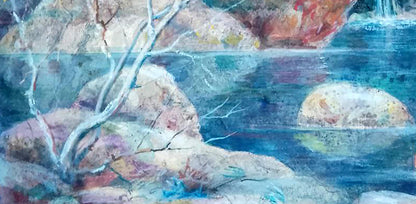 Oil painting of lake in mountains by Vitaly Duhnevich, rocky stream