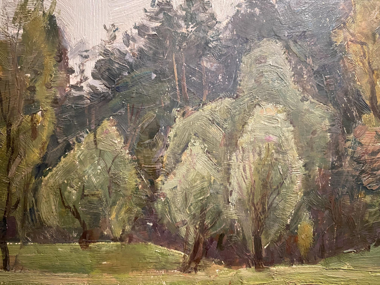 Oil painting of white horse by Serhii Hryhoriev with forest trees
