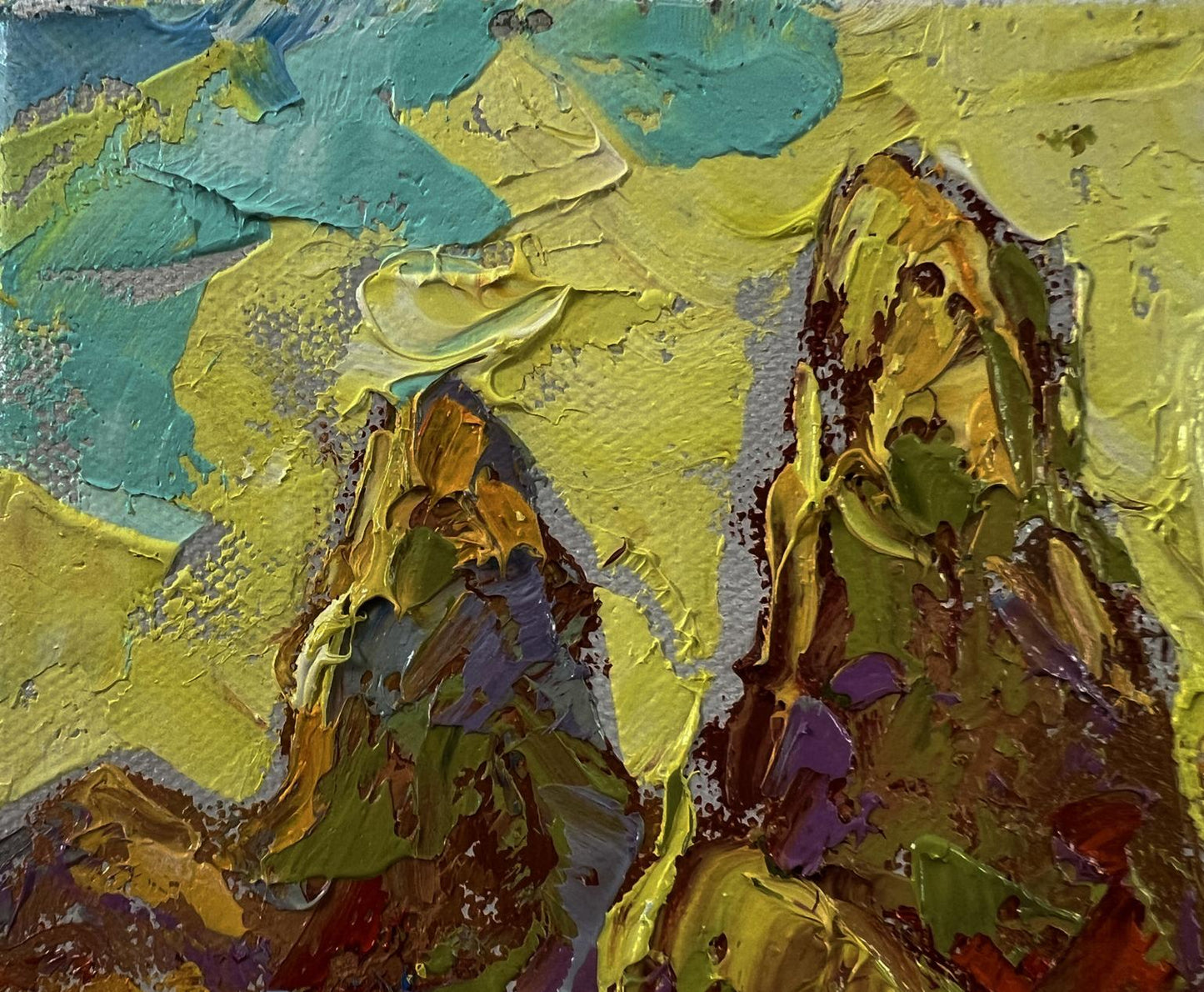 Oil painting Dawn in the Field by Oleksiy Ivanyuk, textured abstract yellow green teal