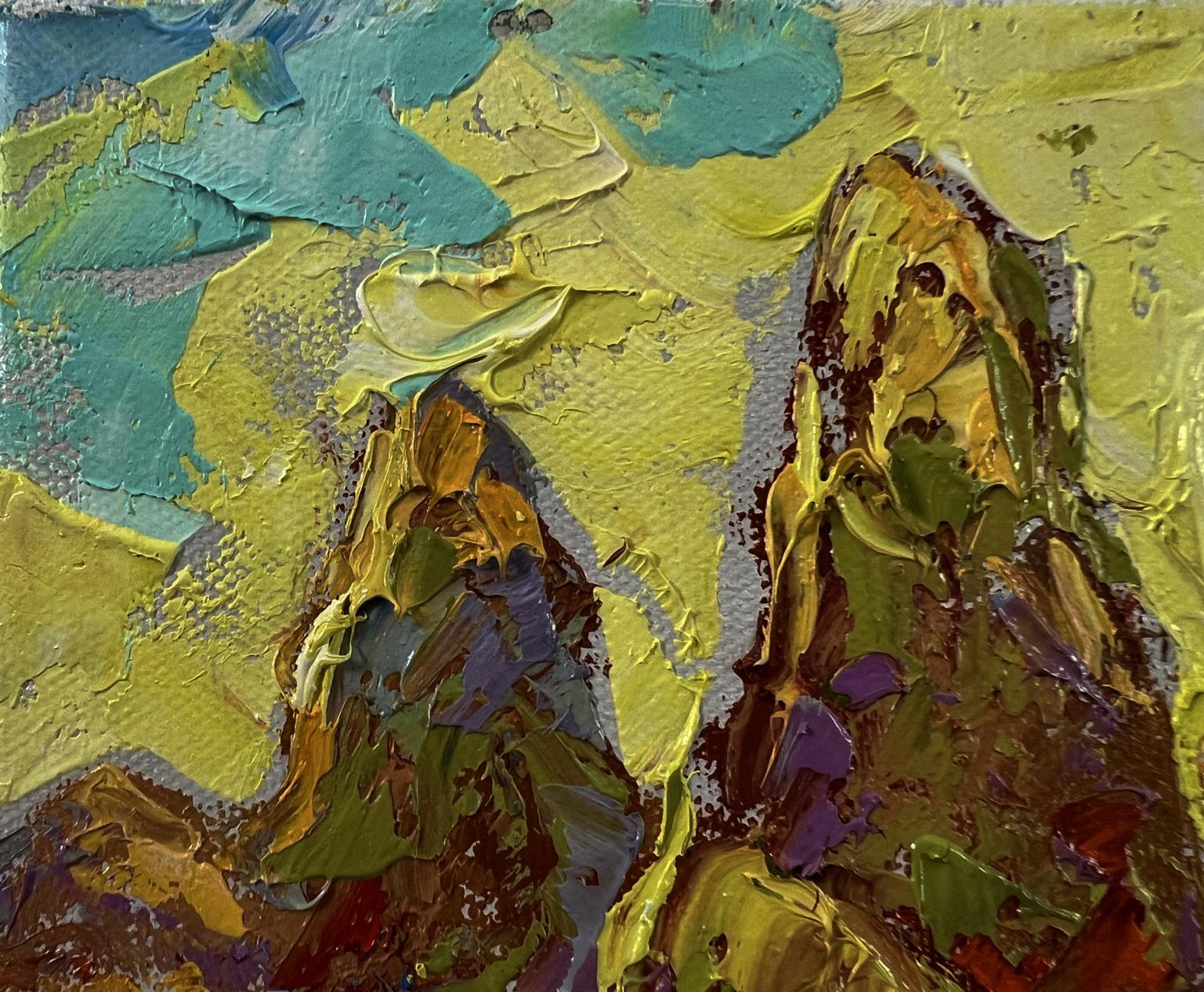 Oil painting Dawn in the Field by Oleksiy Ivanyuk, textured abstract yellow green teal