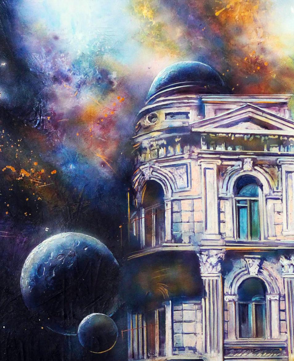 Oil painting Evening city by Alexander Dobrodiy with cosmic nebula backdrop
