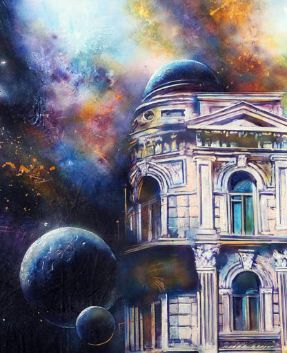 Oil painting Evening city by Alexander Dobrodiy with cosmic nebula backdrop