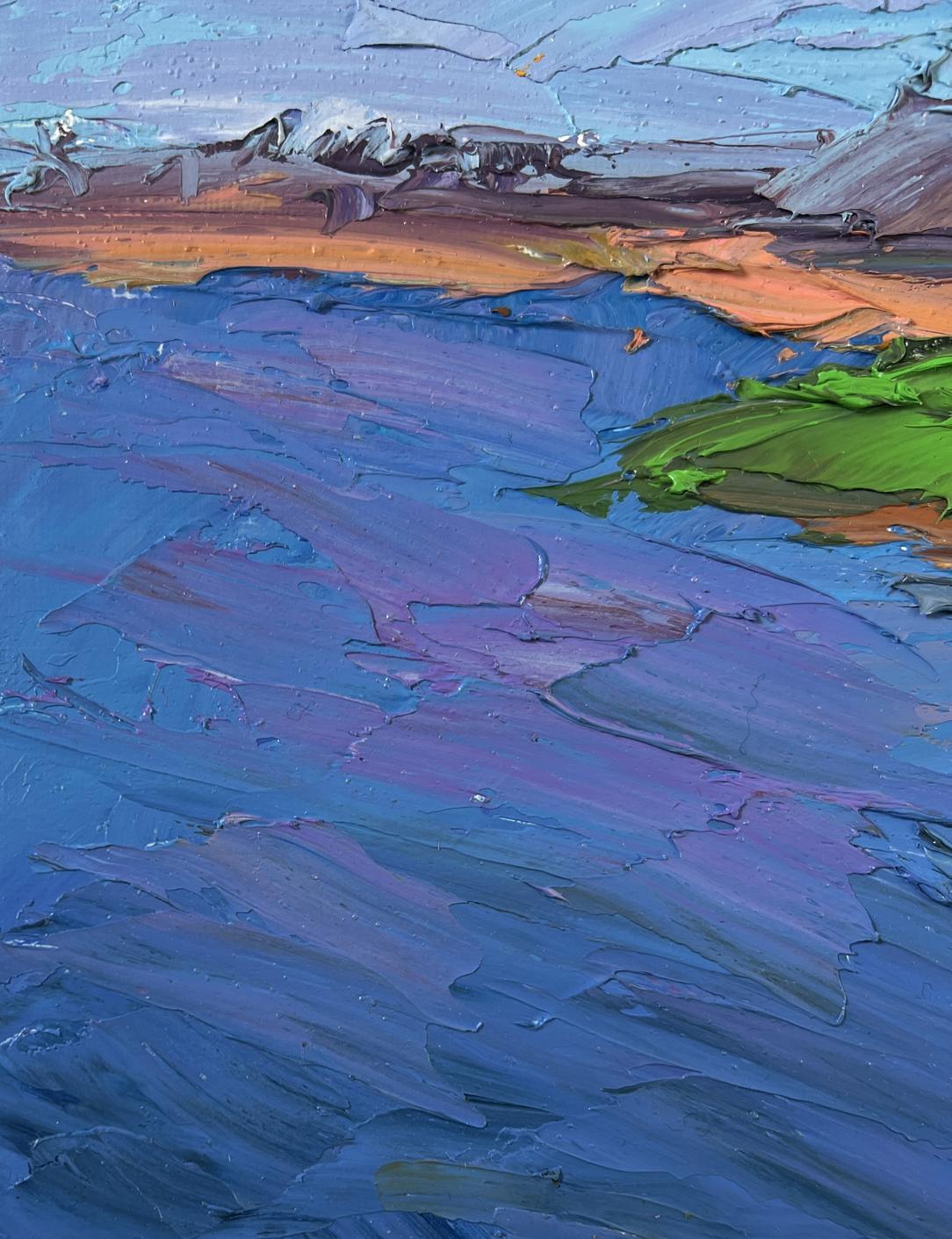 Oil painting of Summer river bank by Boris Serdyuk with blue water and green foliage