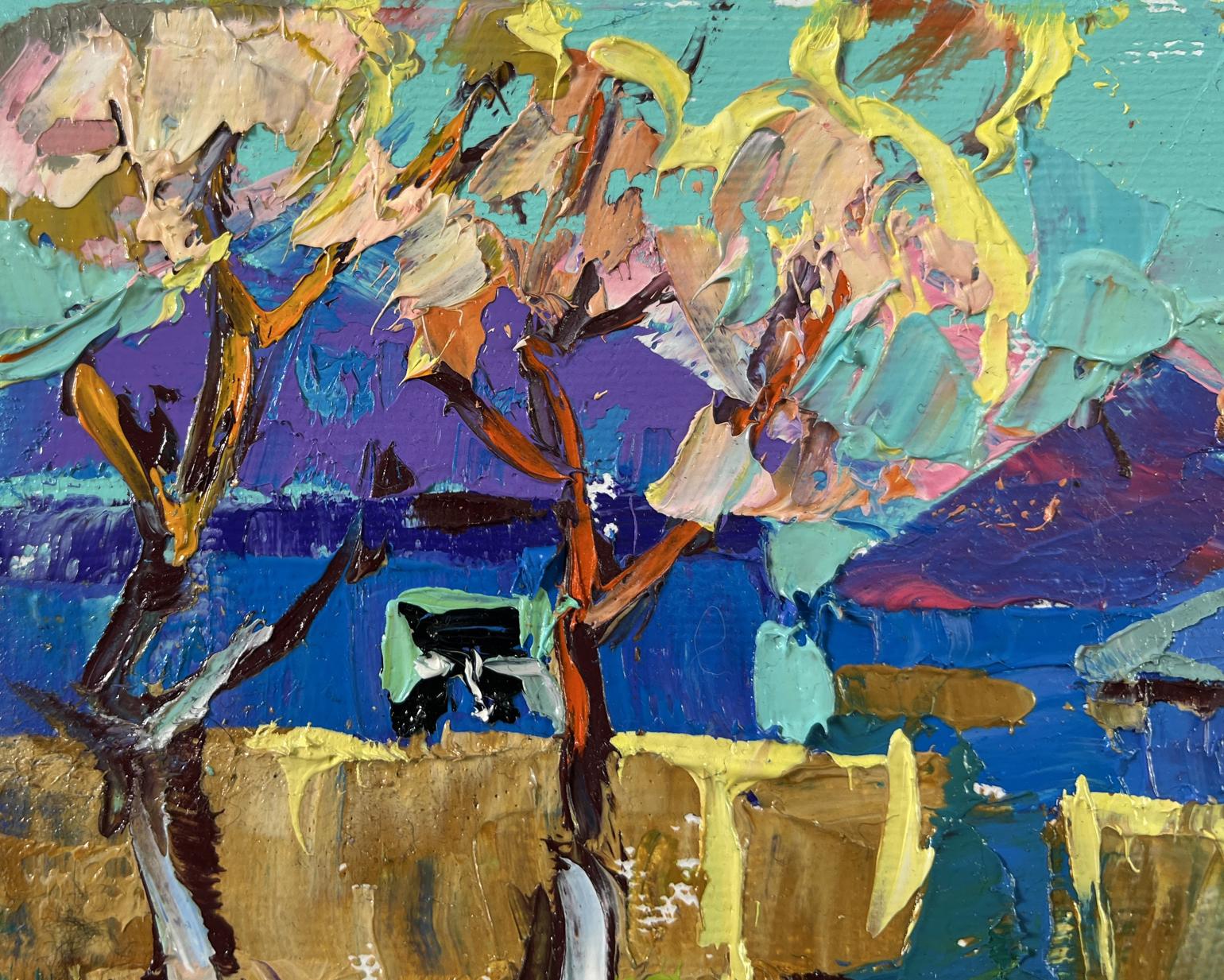 Oil painting Spring Awakening by Oleksiy Ivanyuk with pink blossoms