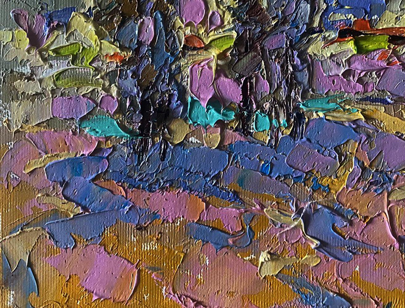 Oil painting Village field by Oleksiy Ivanyuk in purple blue teal gold impasto
