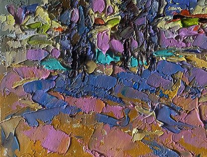 Oil painting Village field by Oleksiy Ivanyuk in purple blue teal gold impasto
