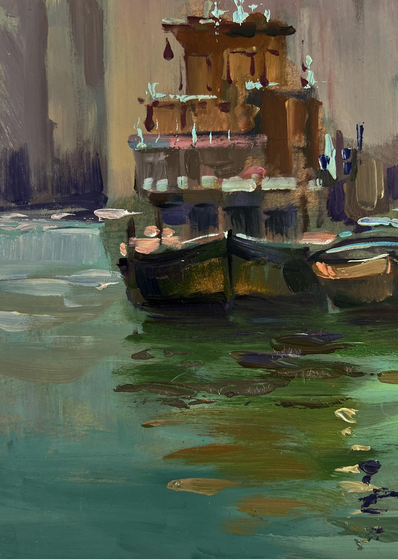 Textured impressionistic oil painting of Yuriy Suprunchuk city sailboats
