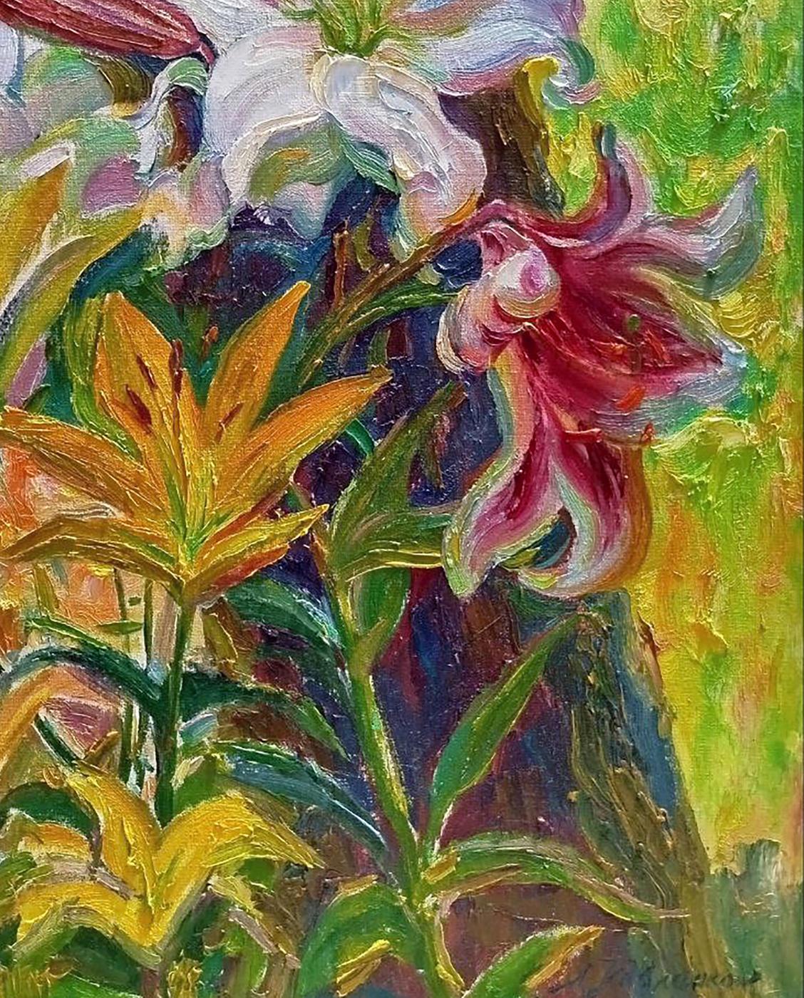 Vibrant oil painting of blooming lilies by Leonid Pavlenko