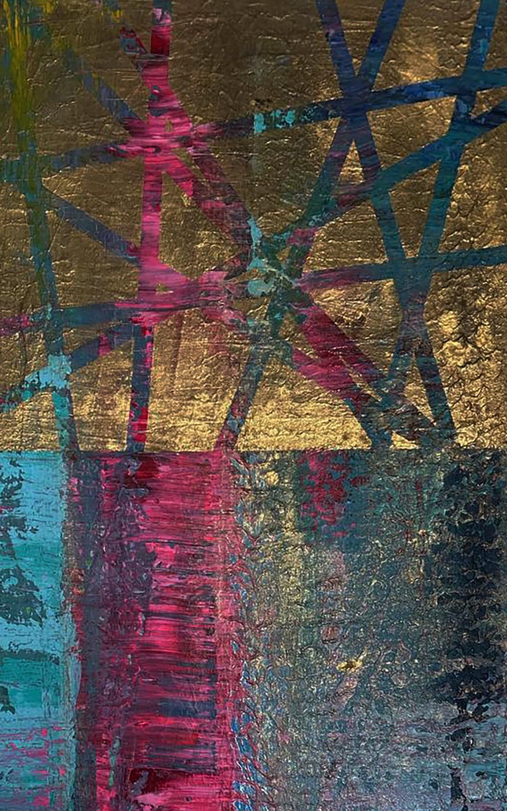 Abstract acrylic painting Intersection of destinies by Olga Melezhik, pink teal on gold