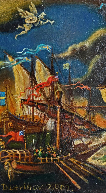 Oil painting Fights at sea by Daniil Litvinov: grand ship with red sails