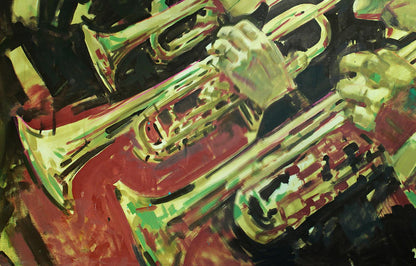 Vibrant abstract oil painting March Ed Potapenkov with golden trumpet