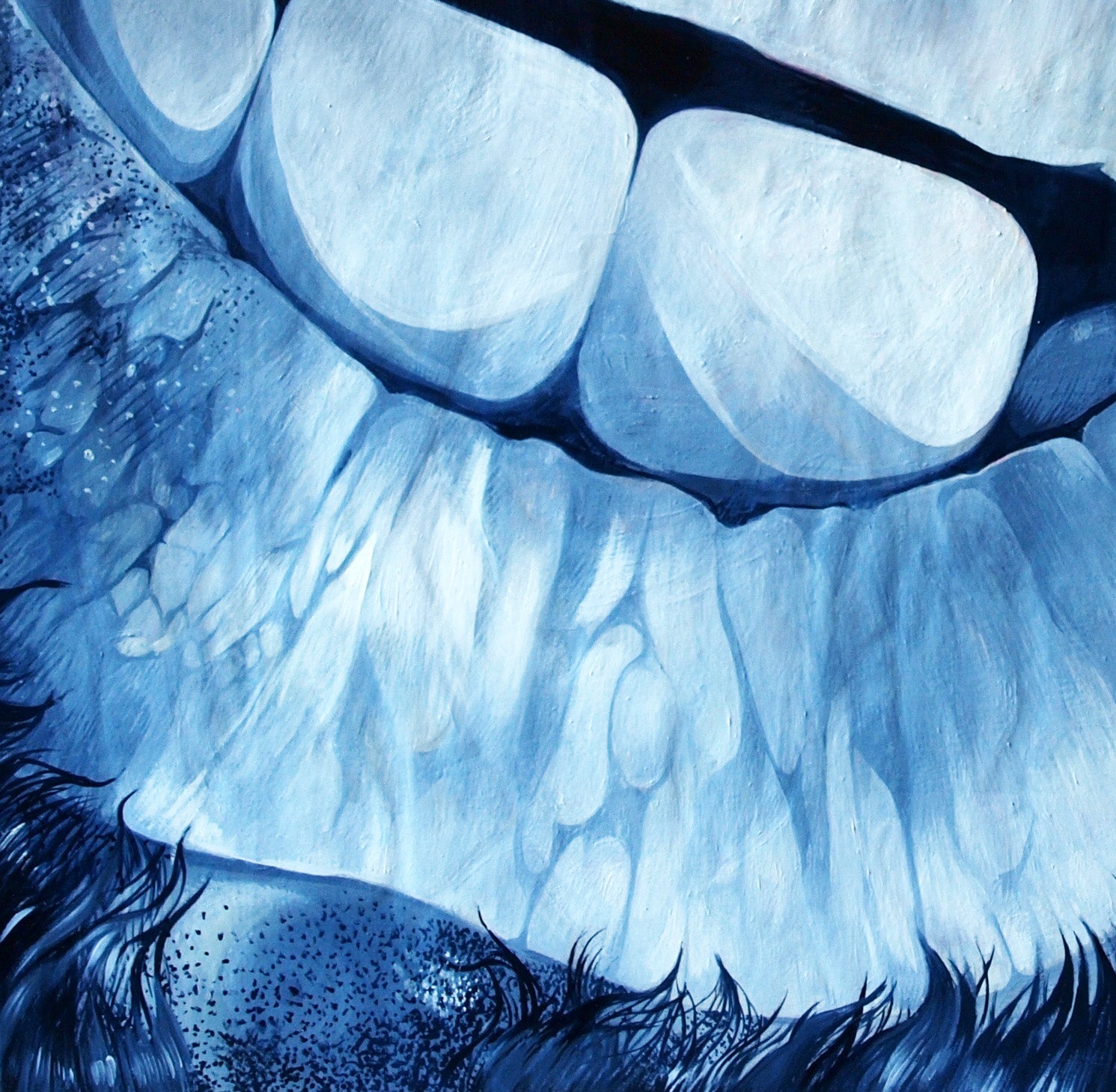 Close-up oil painting of wide toothy grin in blue-white by Konsta G. Amelinn