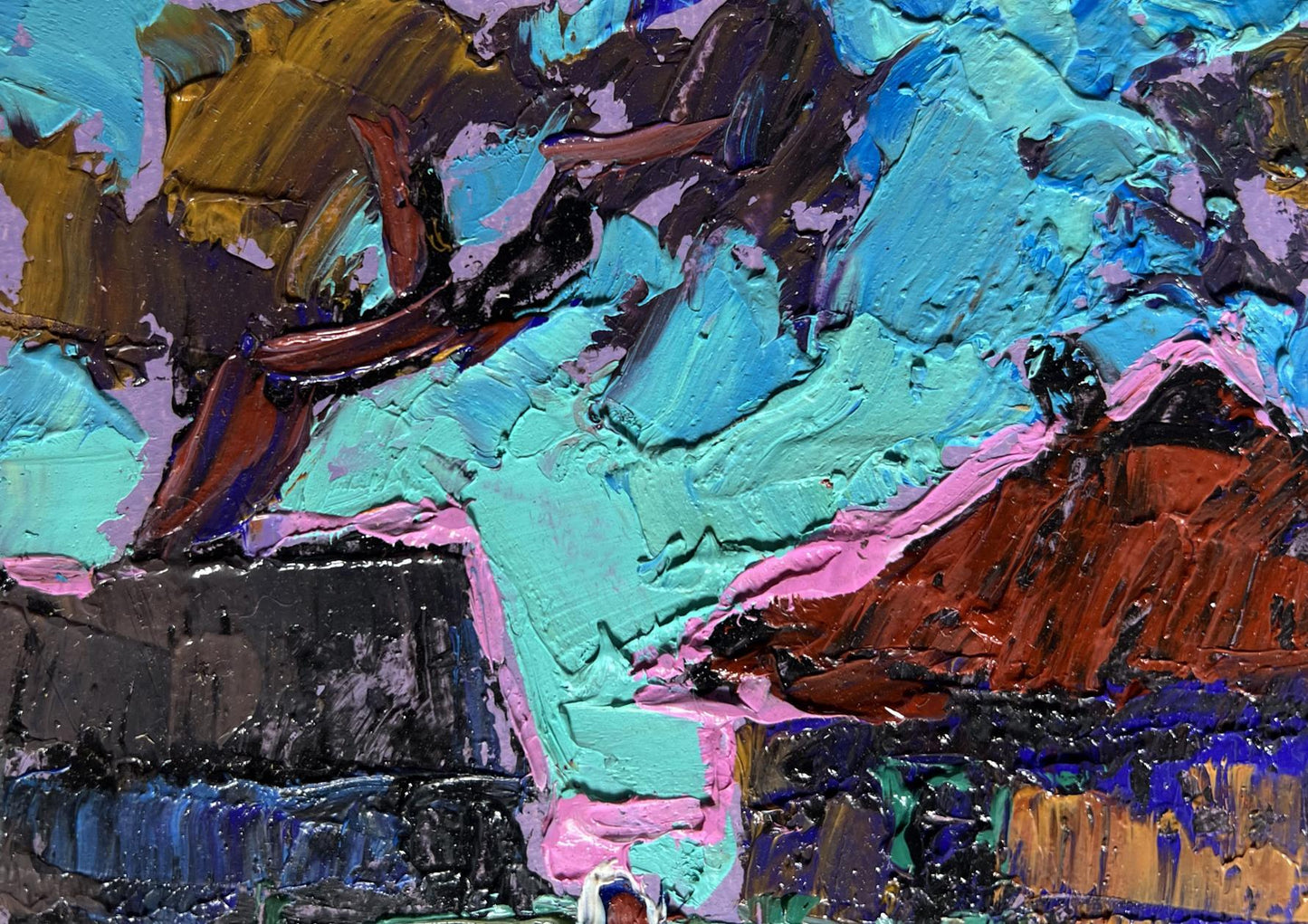 Vibrant Oleksiy Ivanyuk oil painting of geese flock in evening with teal pink hues