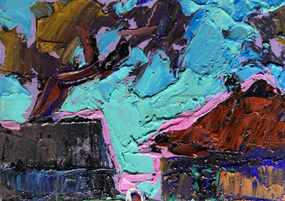 Vibrant Oleksiy Ivanyuk oil painting of geese flock in evening with teal pink hues