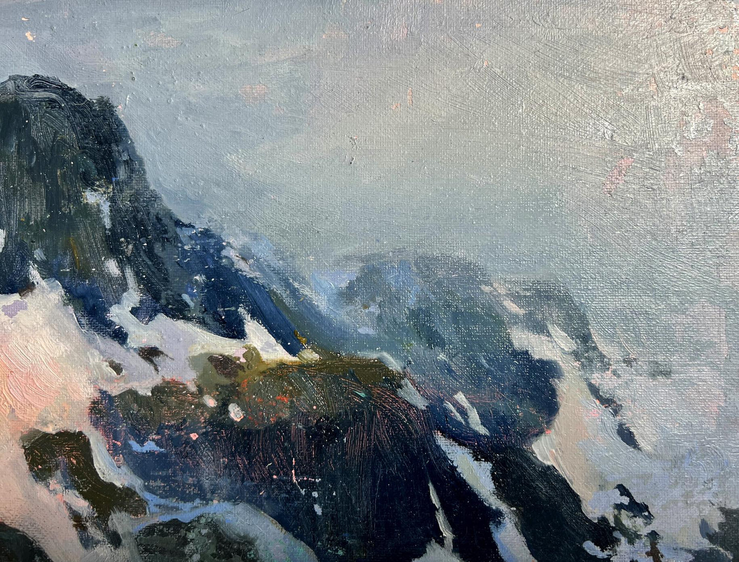 Oil painting of snowy mountain top by Tatyana Derdey, textured blues grays