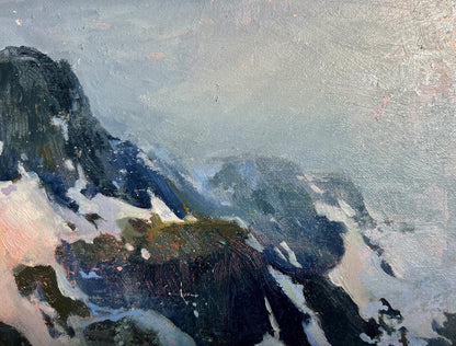 Oil painting of snowy mountain top by Tatyana Derdey, textured blues grays