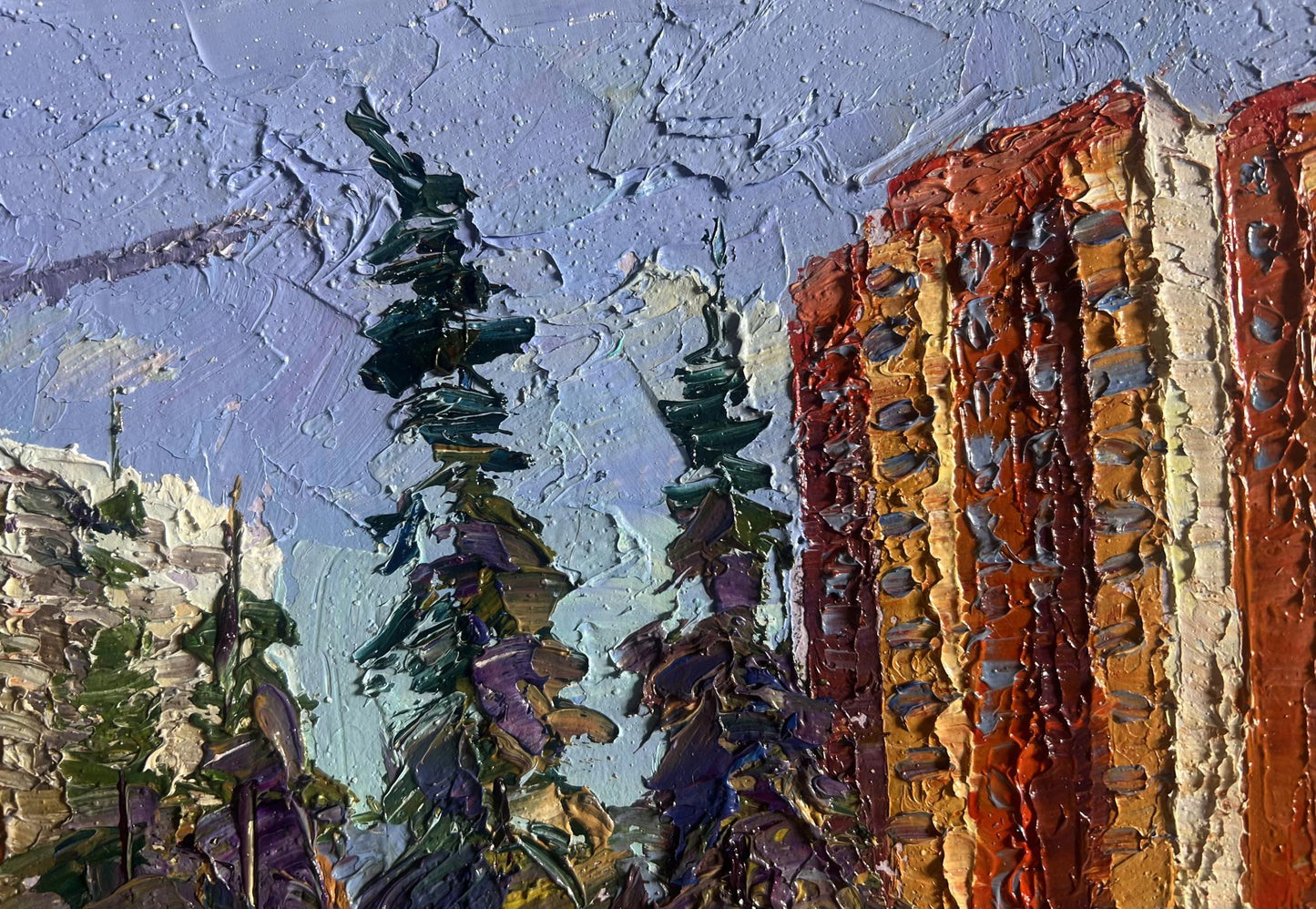 Oil painting of summer city park with pine trees by Boris Serdyuk