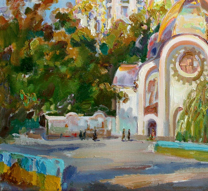 Vibrant oil painting of white church with colorful domes by Leonid Pavlenko