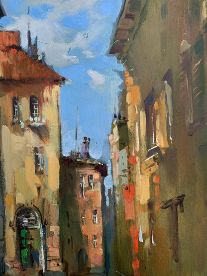 Vibrant impressionist oil painting of boats through sunlit European alleyway by Yuriy Suprunchuk