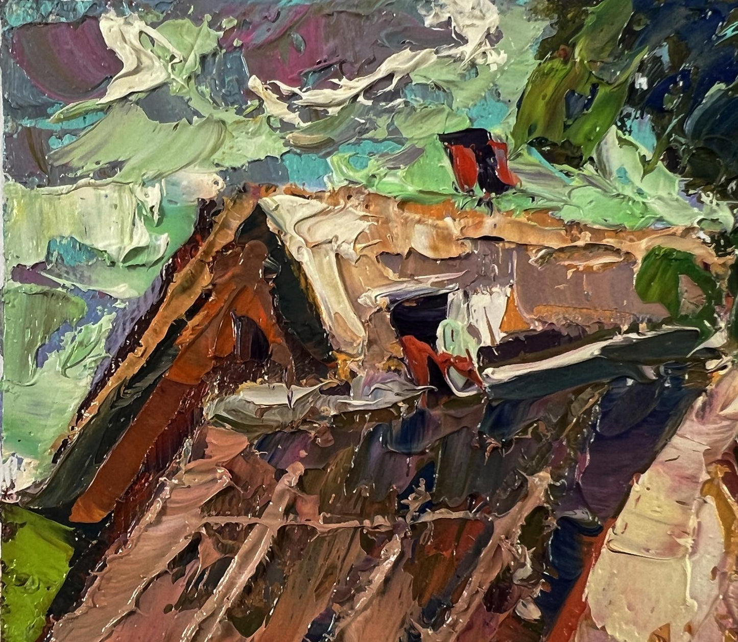 Oil painting Summer village day by Oleksiy Ivanyuk, textured rustic house