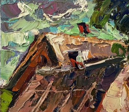 Oil painting Summer village day by Oleksiy Ivanyuk, textured rustic house