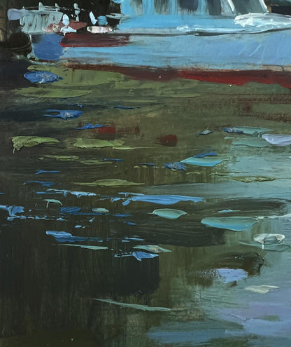 Oil painting Boats on the River by Yuriy Suprunchuk, textured blue red boat reflection