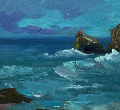 Textured oil painting by Yuriy Suprunchuk of boats on seashore with turbulent waves and cliffs