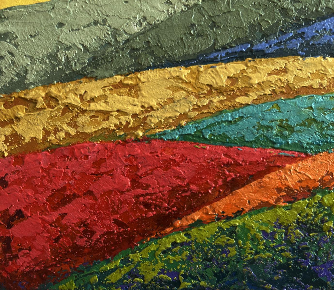 Vibrant oil painting of sunset behind mountains by V. Zadorozhnya