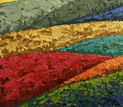Vibrant oil painting of sunset behind mountains by V. Zadorozhnya