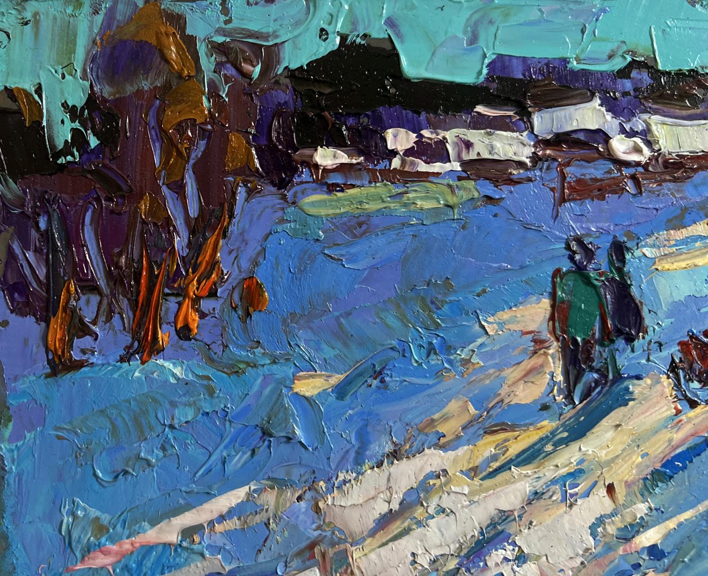 Oil painting Until the winter twilight Oksana Ivanyuk with green figure