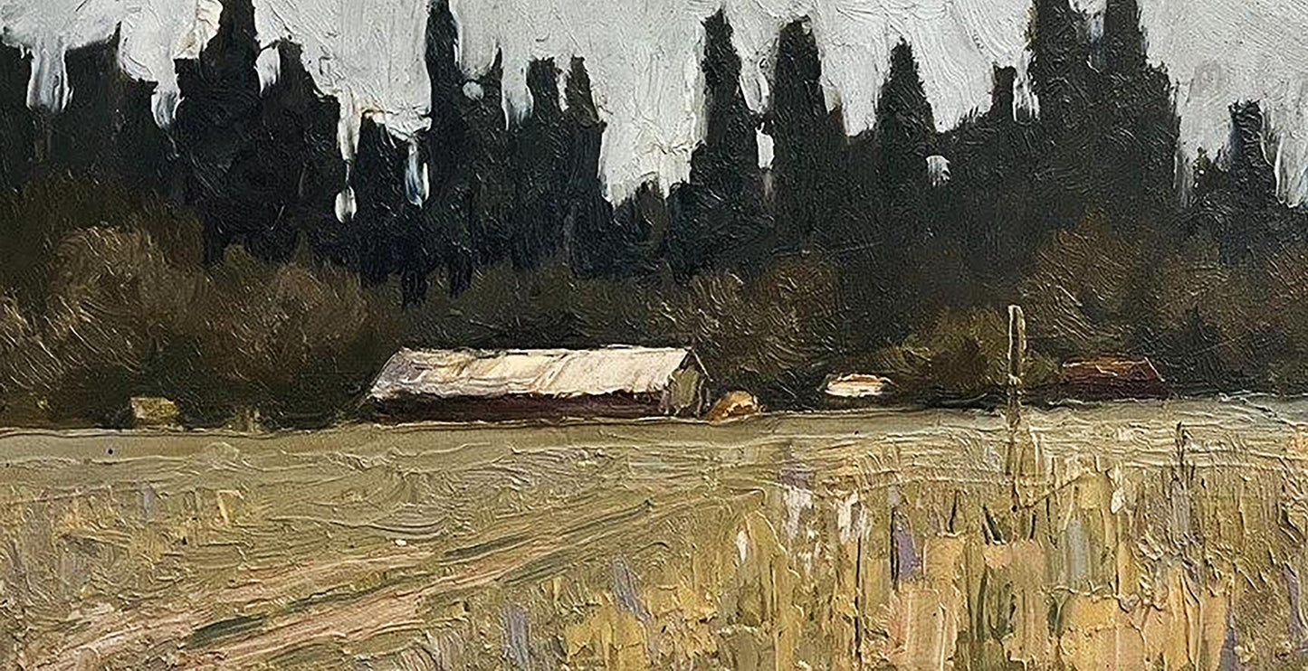 Oil painting of rustic barn house by forest by Volodymyr Pashchenko